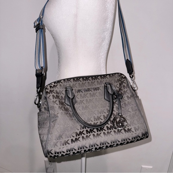Rare Michael Kors Bedford Duffle Satchel Bag Grey and blue - Picture 1 of 16